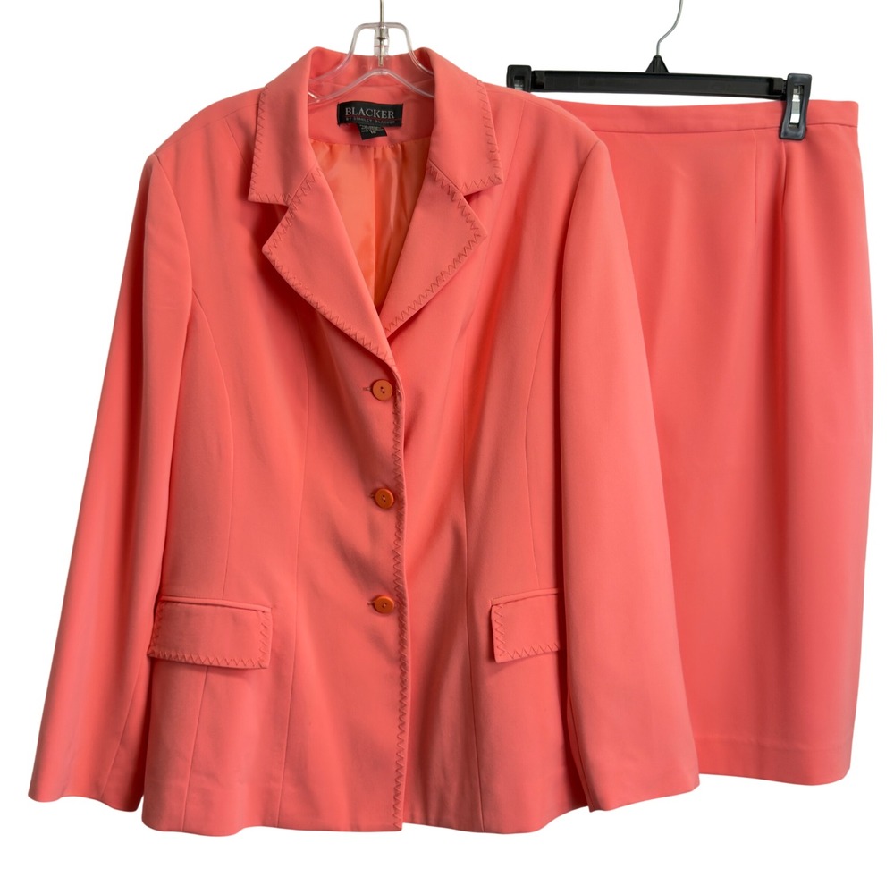 Stanley Blacker Coral Pink 2 Piece Suit Set Blazer Pencil‎ Skirt Size 18 Pockets